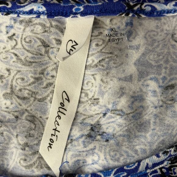 NY Collection X-Large Top Geometric 3/4 Sleeve Ruffled Keyhole Neck Stretch Blue - Picture 6 of 7